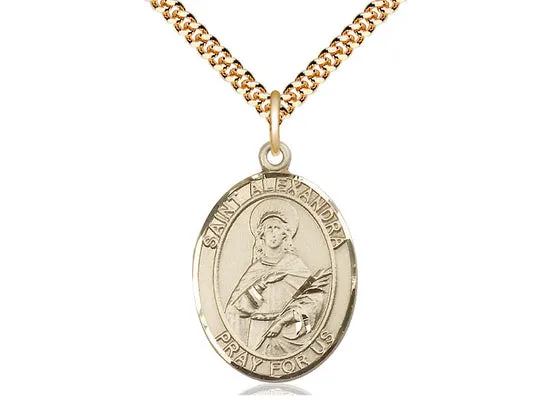 14kt Gold Filled St Alexandra Pendant on a 24 inch Gold Plate Heavy Curb Chain.