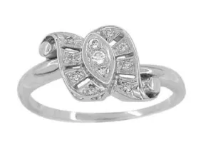 Antique Retro Moderne Scroll Bow Diamond Ring in 14 Karat White Gold