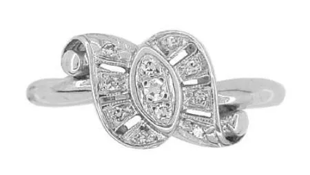 Antique Retro Moderne Scroll Bow Diamond Ring in 14 Karat White Gold