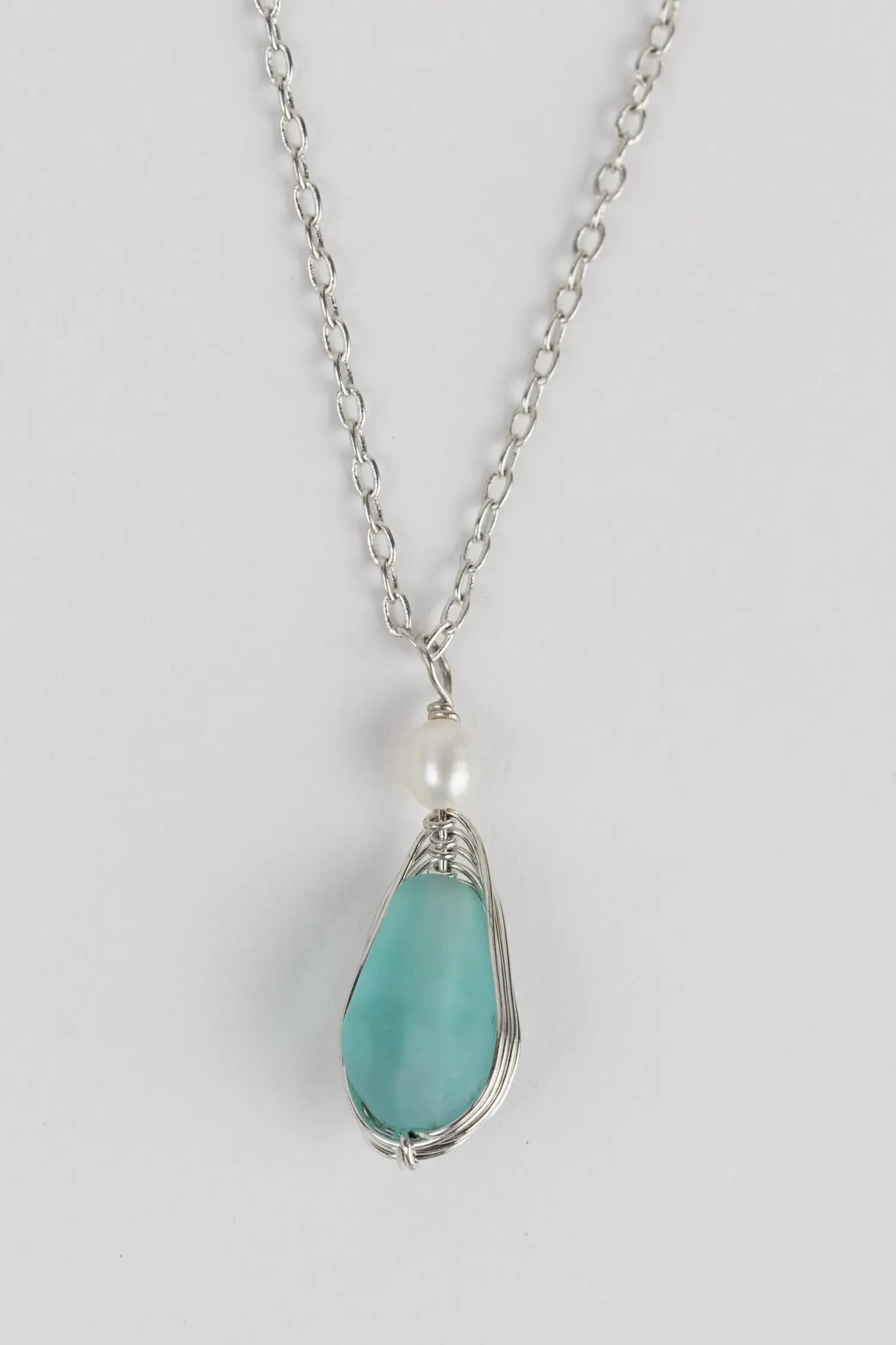 Aqua Pearl Silver Pendant Necklace