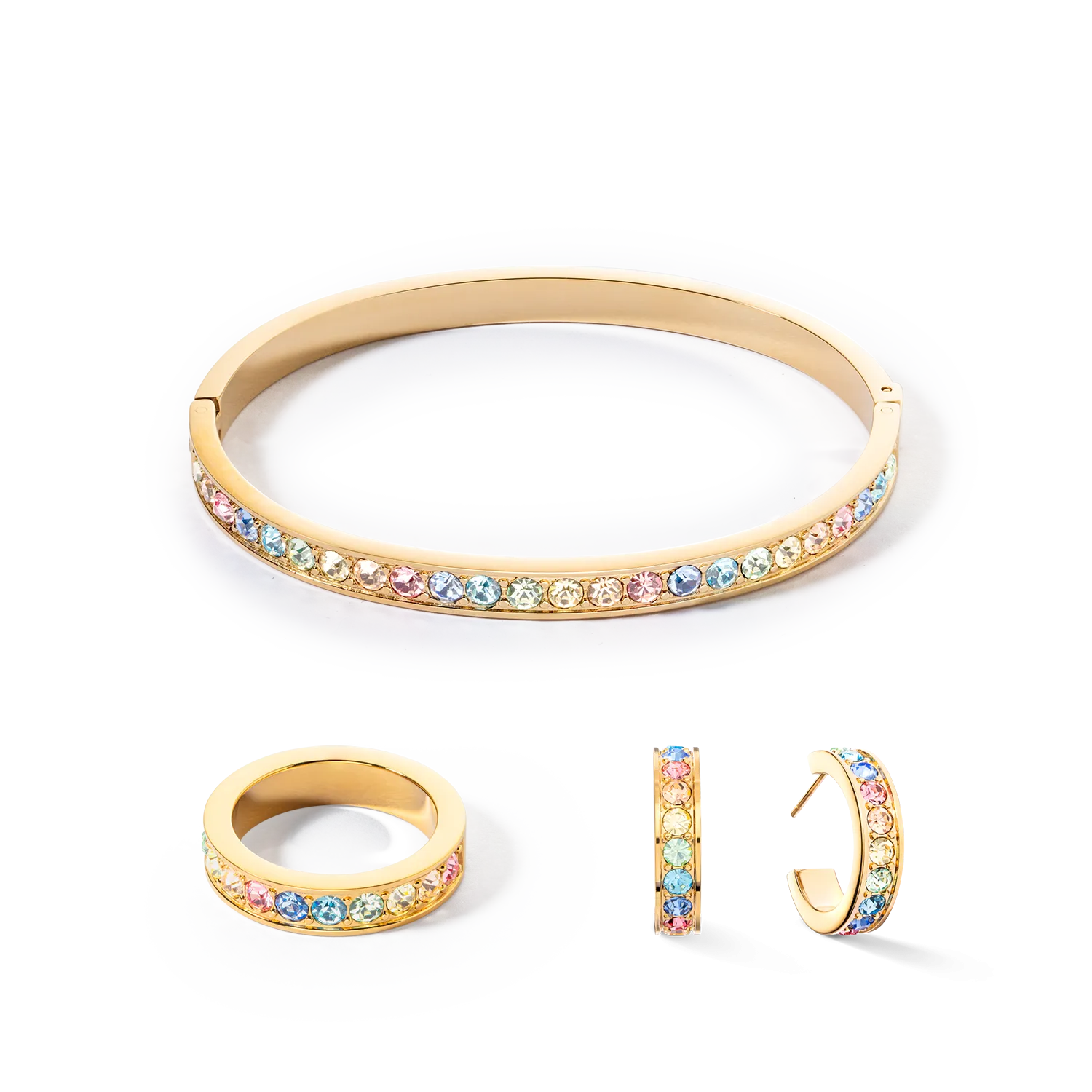 Bangle stainless steel & crystals gold multi pastel (size 19 cm)