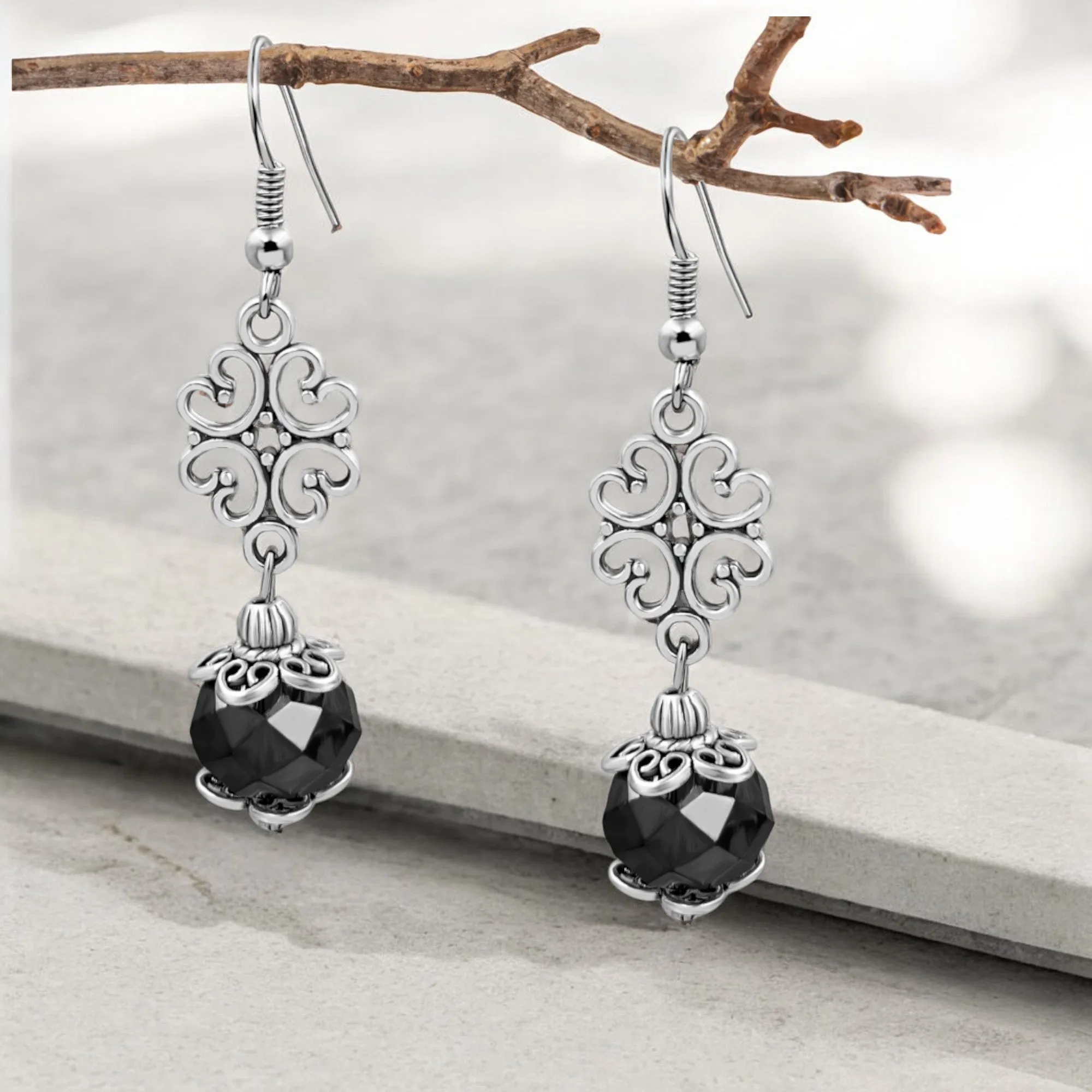 BESHEEK Silvertone Ornament and Black Crystal Dangle Earrings | Handmade Hypoallergenic Boho Beach Gala Wedding Style Fashion Earrings