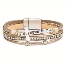 Blessed With Cross Leatherette Magnetic Bracelet With Cross (Khaki)