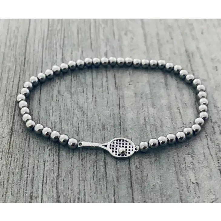 Born To Rally Silver Bead Tennis Racket Bracelet