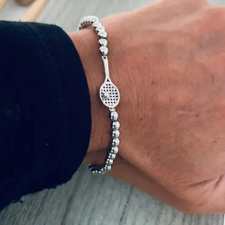 Born To Rally Silver Bead Tennis Racket Bracelet