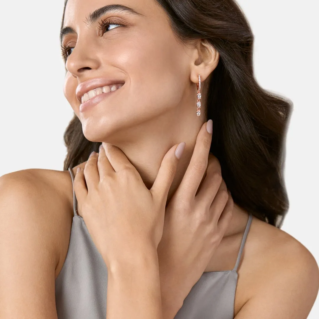 Brass 18k Rose Gold Oval Crystal Dangler Earring Pair For Women