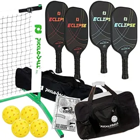 Champion Eclipse Graphite Complete Pickleball Set | Includes 3.0 Portable Net System   4 Graphite Pickleball Paddles   4 Outdoor Pickleballs   Pickleball Duffel Bag   USAPA Rulebook