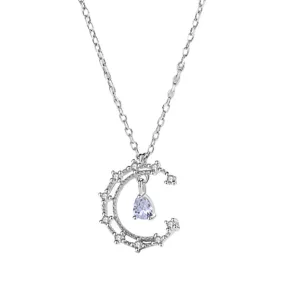 Crescent Moon with Zircon Pendant Silver Necklace for Women