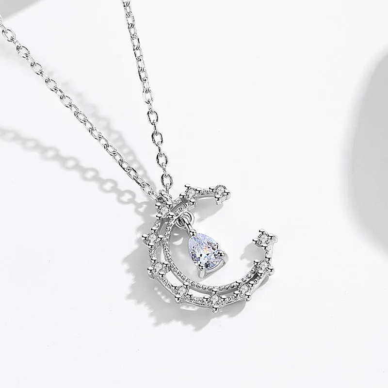 Crescent Moon with Zircon Pendant Silver Necklace for Women