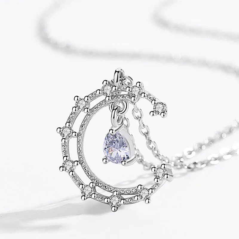 Crescent Moon with Zircon Pendant Silver Necklace for Women