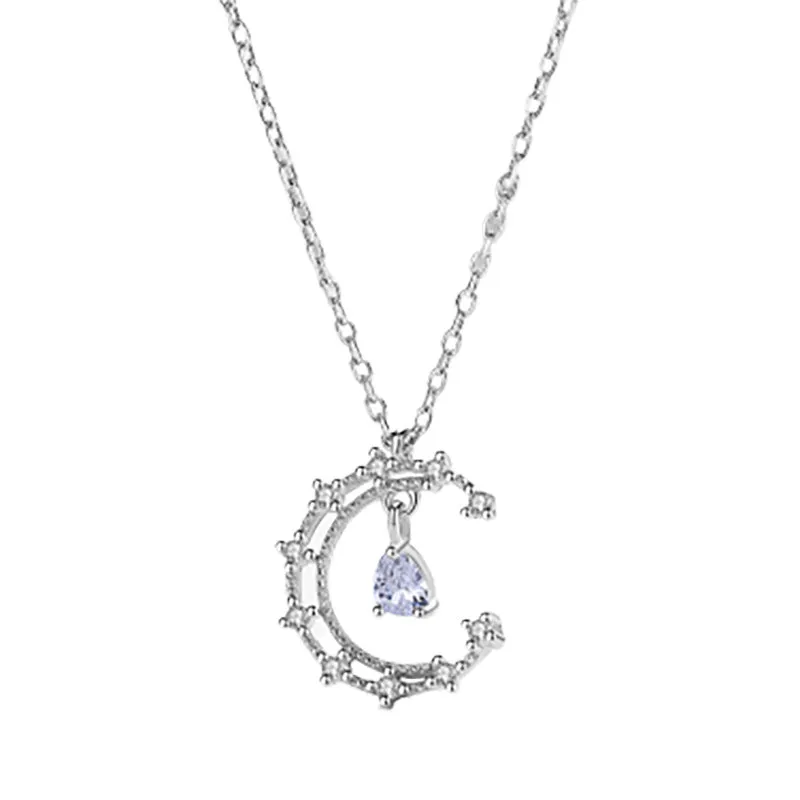 Crescent Moon with Zircon Pendant Silver Necklace for Women