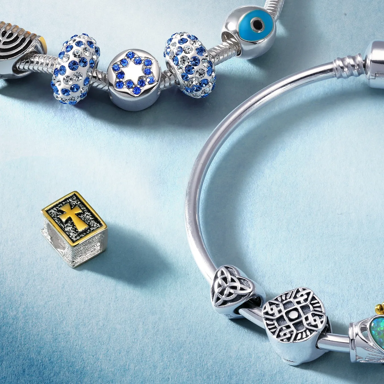 Crystal Blue Evil Eye Spiritual Hamsa Hand Charm Bead .925 Silver