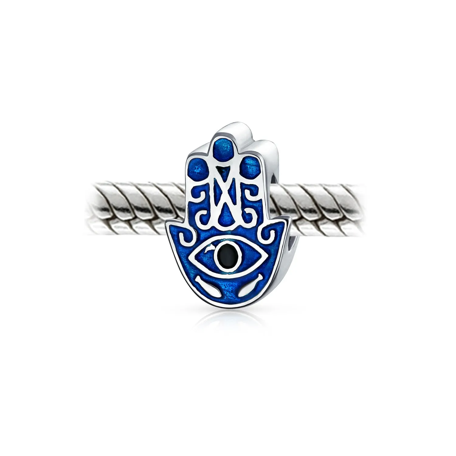 Crystal Blue Evil Eye Spiritual Hamsa Hand Charm Bead .925 Silver