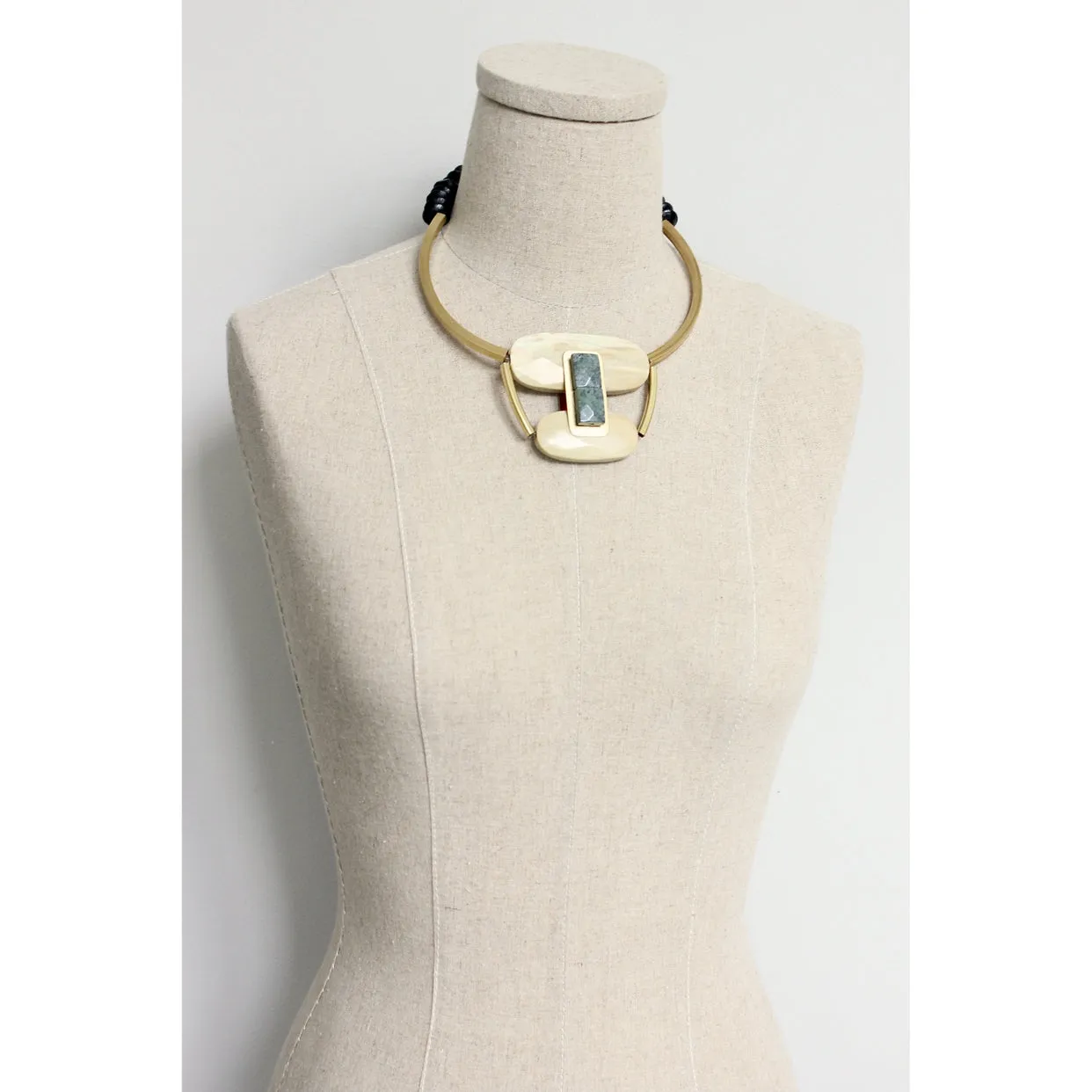 David Aubrey Serpentine and Wood Bib Necklace