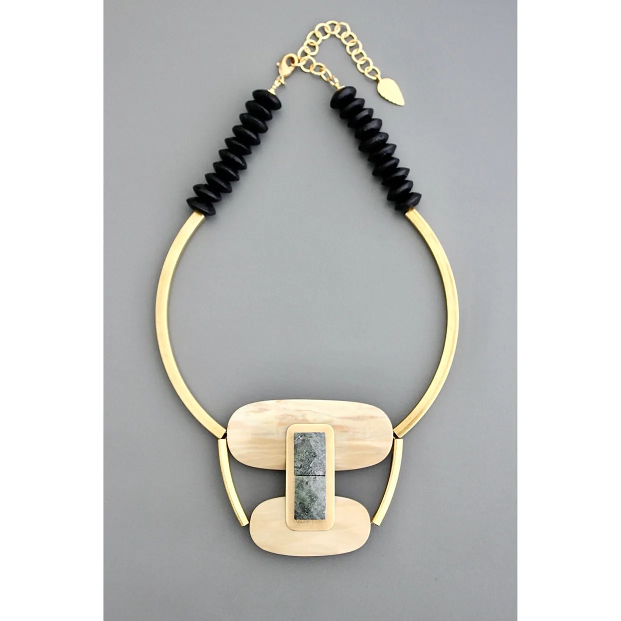 David Aubrey Serpentine and Wood Bib Necklace