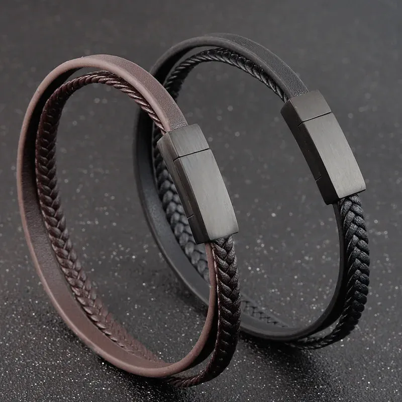 Double-Layer Stainless Steel Leather Men'S Bracelet Luxury Accessories Combination Hand-Woven Handmade Jewelry Gift