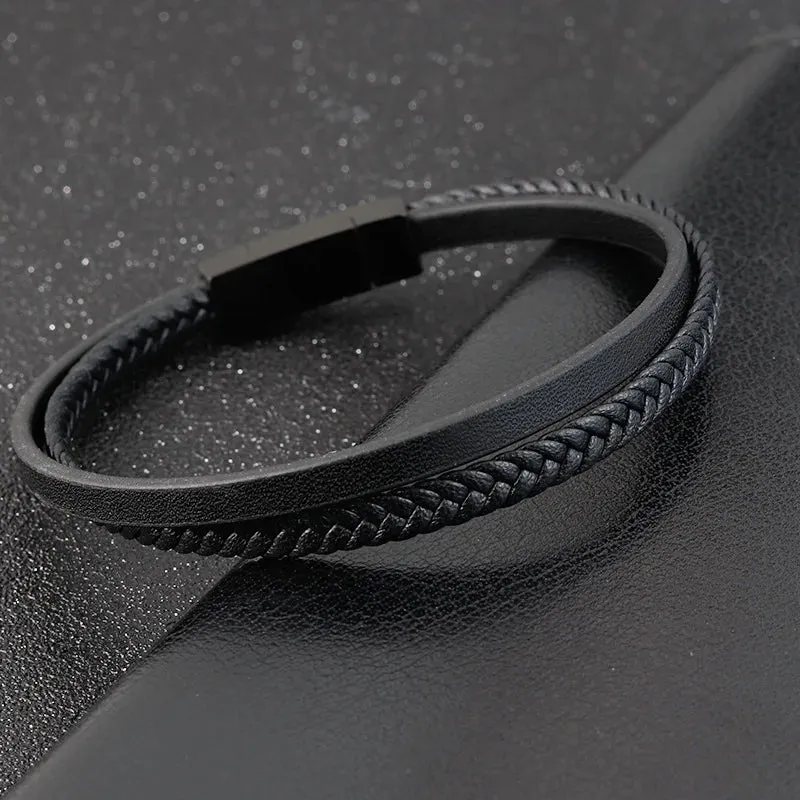 Double-Layer Stainless Steel Leather Men'S Bracelet Luxury Accessories Combination Hand-Woven Handmade Jewelry Gift
