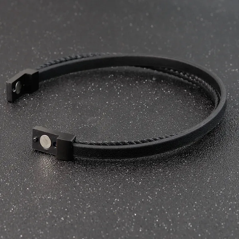 Double-Layer Stainless Steel Leather Men'S Bracelet Luxury Accessories Combination Hand-Woven Handmade Jewelry Gift