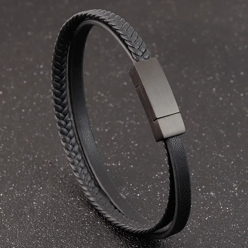 Double-Layer Stainless Steel Leather Men'S Bracelet Luxury Accessories Combination Hand-Woven Handmade Jewelry Gift