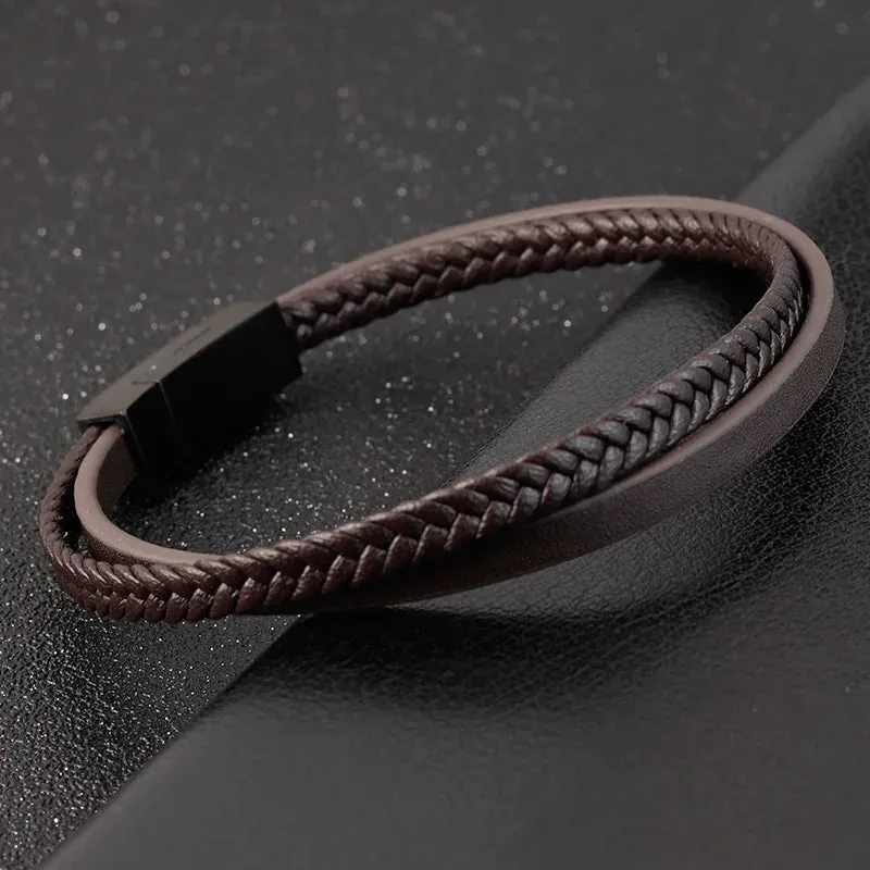 Double-Layer Stainless Steel Leather Men'S Bracelet Luxury Accessories Combination Hand-Woven Handmade Jewelry Gift