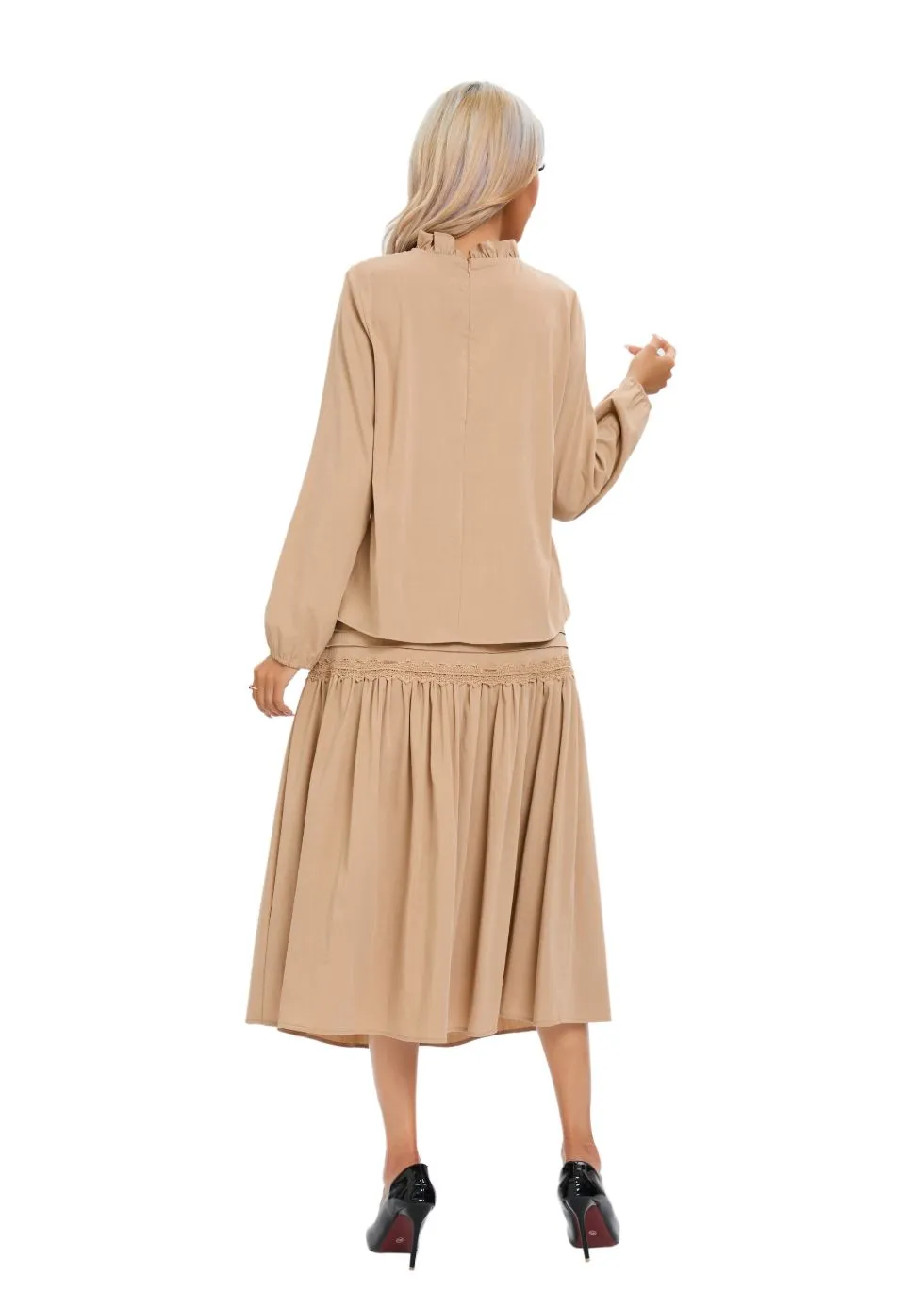 Elegant Cotton Feel Tan Lace Detail Two-Piece Set