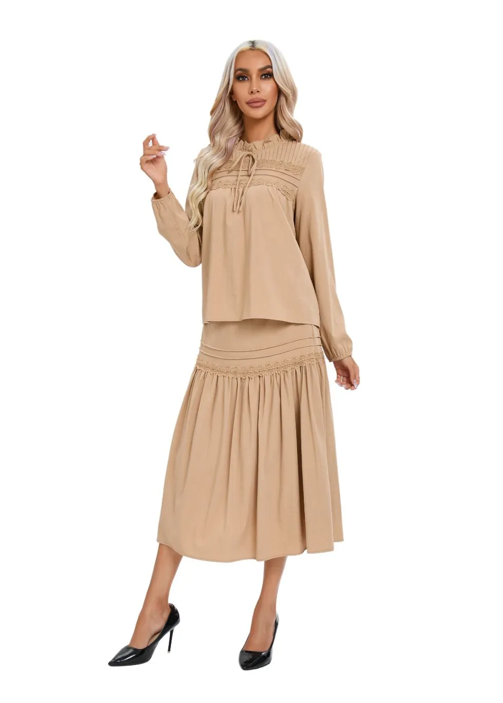 Elegant Cotton Feel Tan Lace Detail Two-Piece Set
