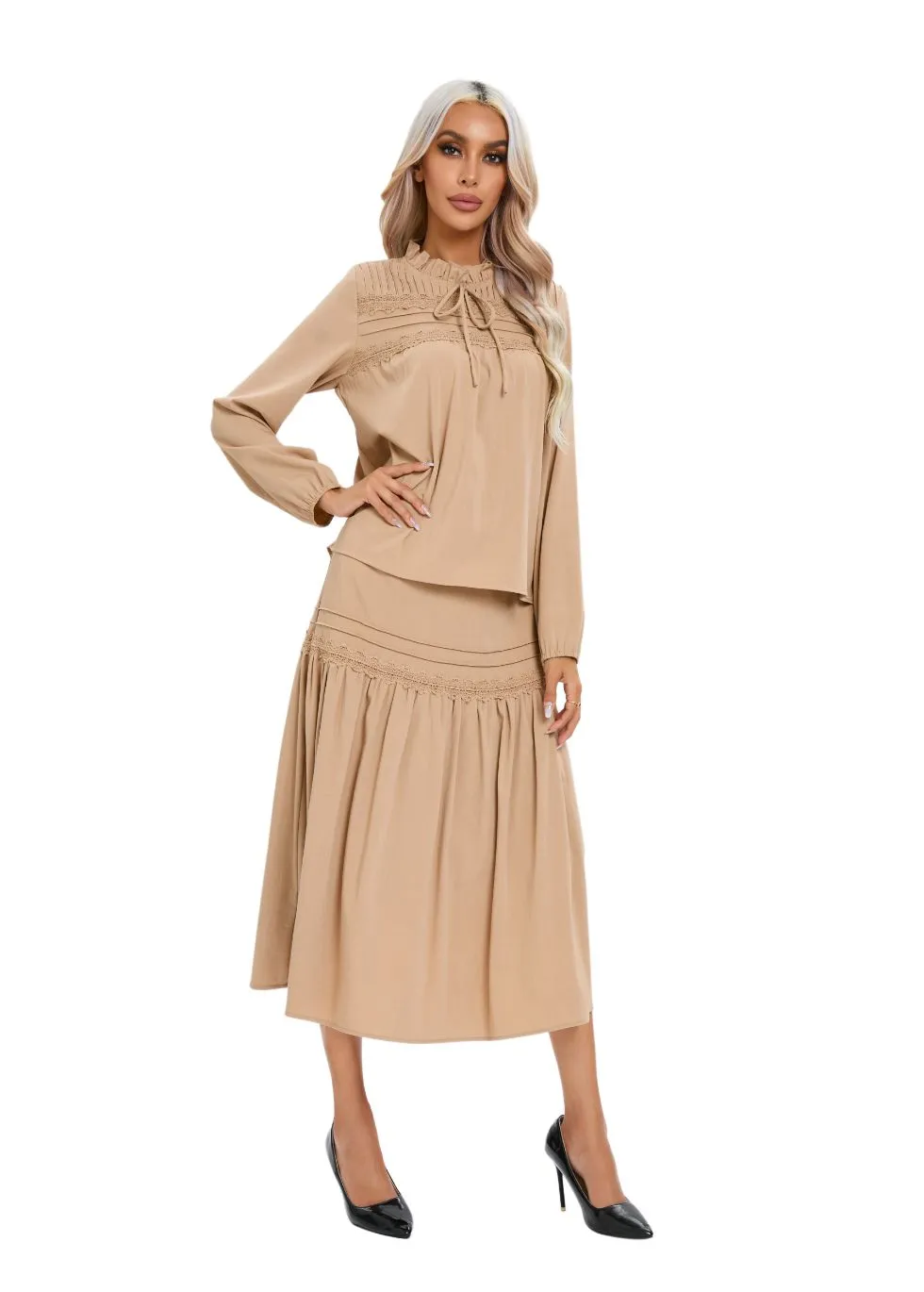 Elegant Cotton Feel Tan Lace Detail Two-Piece Set