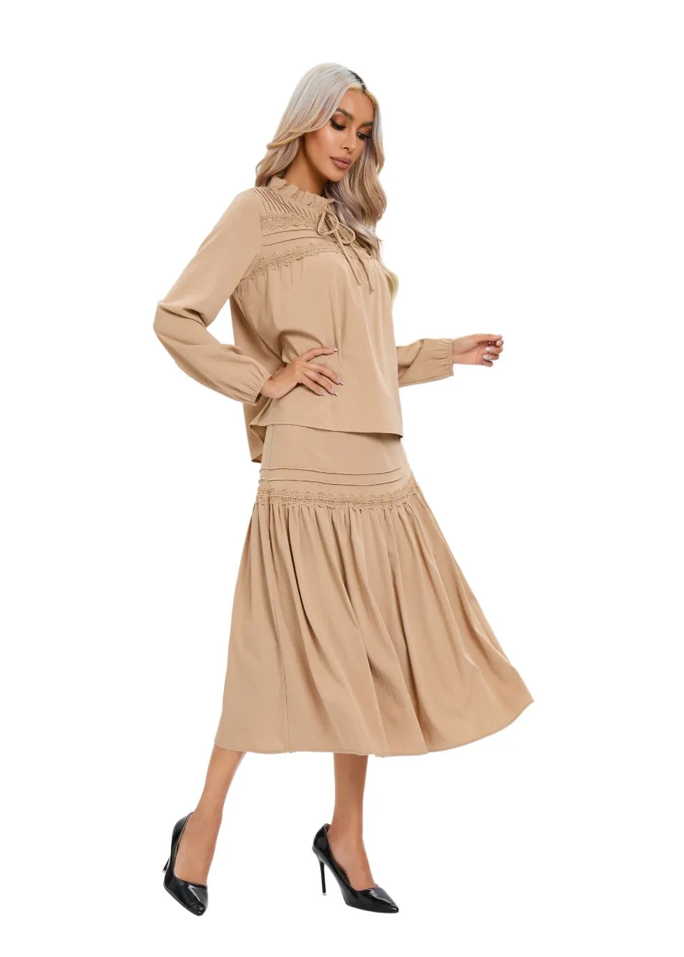 Elegant Cotton Feel Tan Lace Detail Two-Piece Set