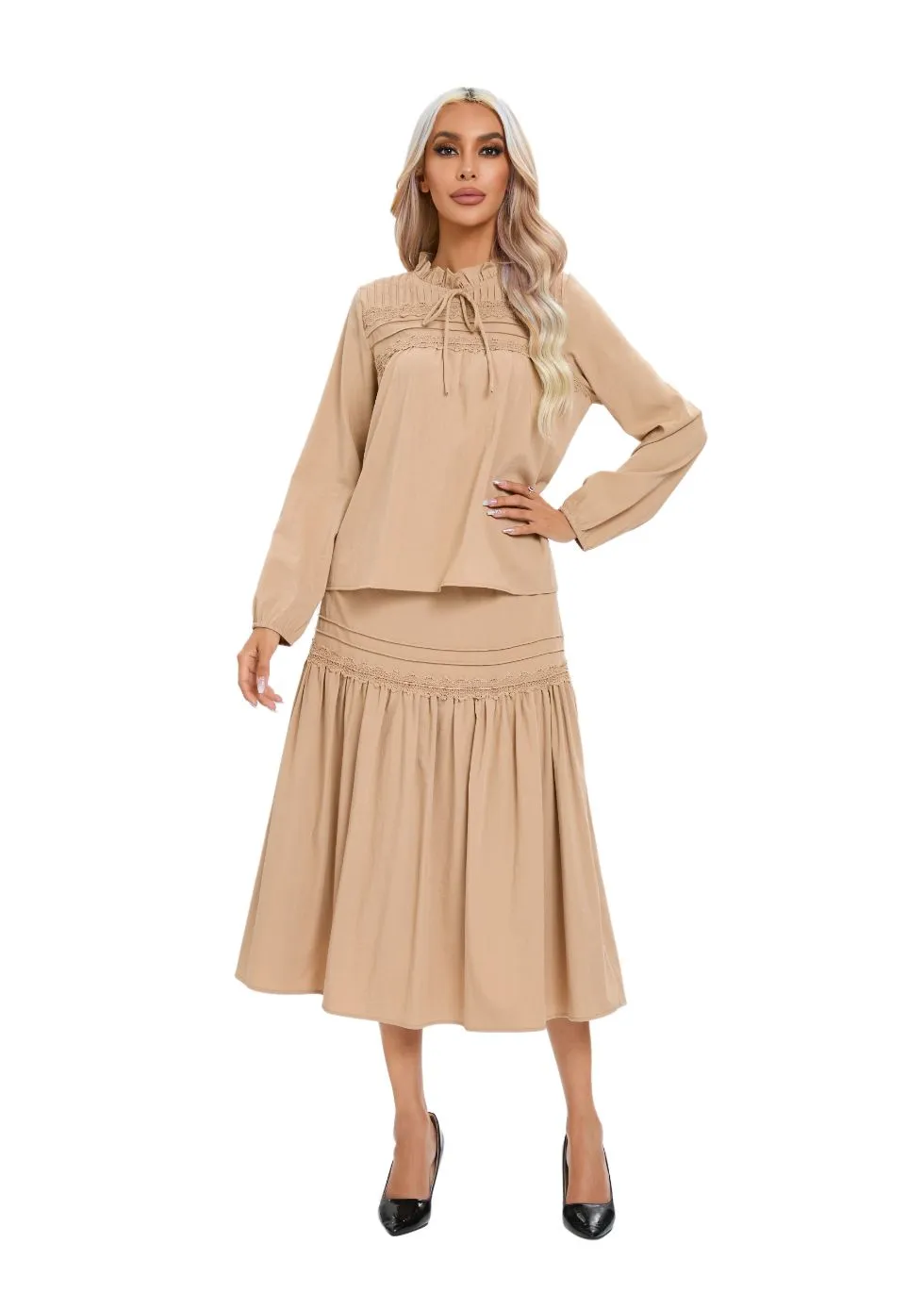 Elegant Cotton Feel Tan Lace Detail Two-Piece Set