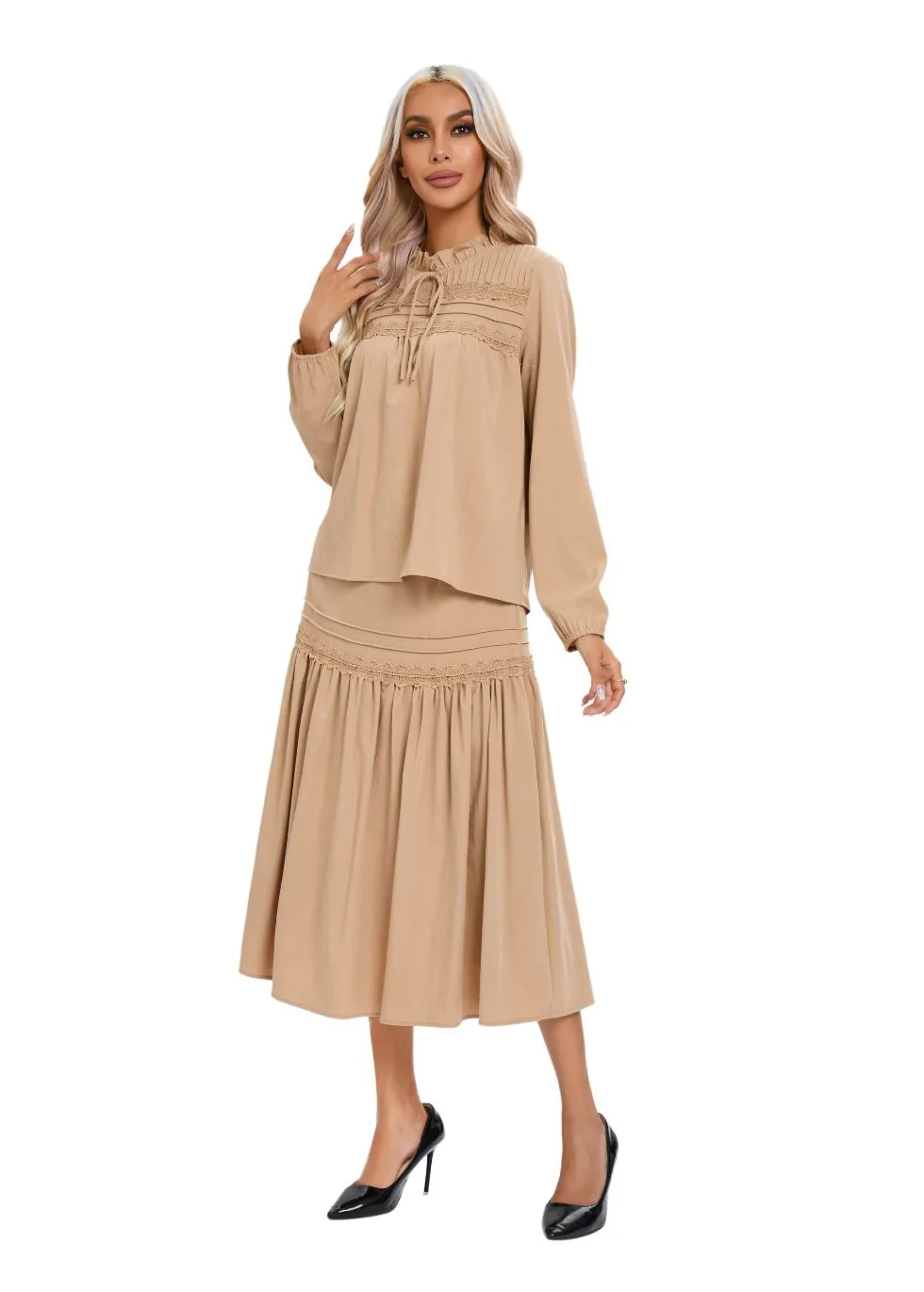 Elegant Cotton Feel Tan Lace Detail Two-Piece Set