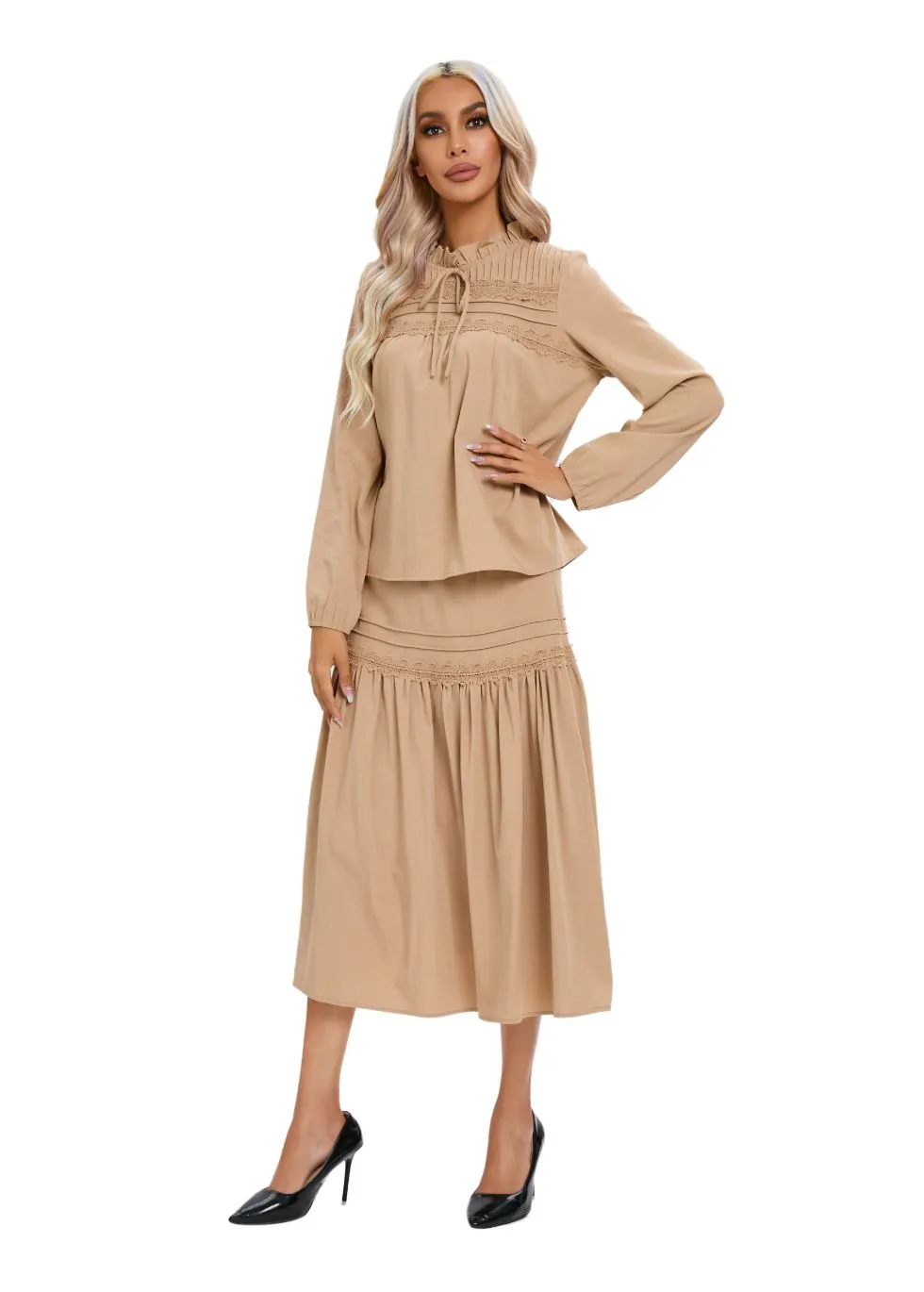 Elegant Cotton Feel Tan Lace Detail Two-Piece Set