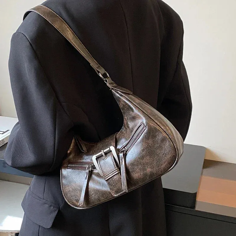 Elegant Retro Belt Design Leather Purses Shoulder Handbags for Women Vintage Female Underarm Crossbody Fashion Bags