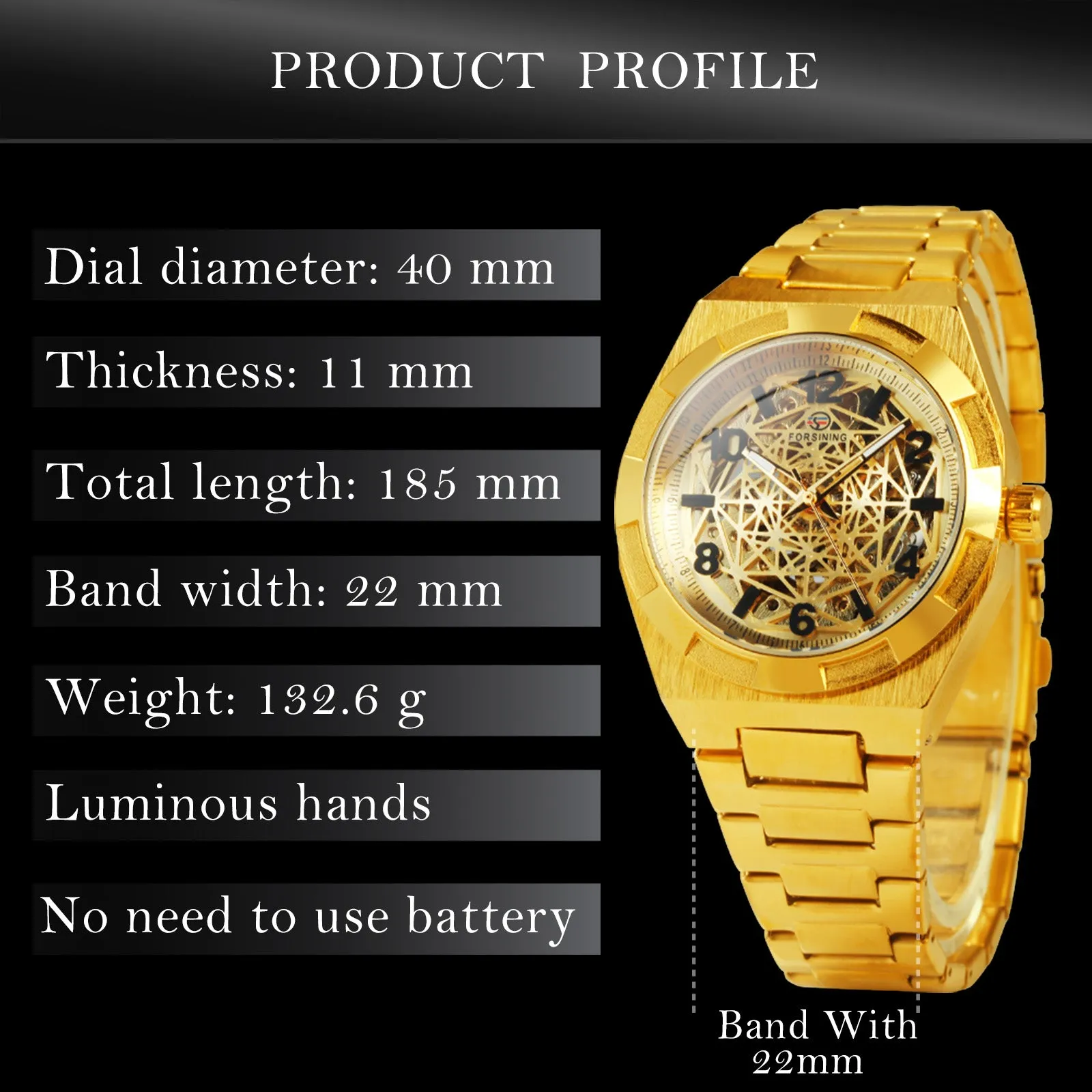 Forsining Luxury Irregular Gold Skeleton Automatic Mechanical Mens Watch TM 344G Stainless Steel Strap Luminous Hands
