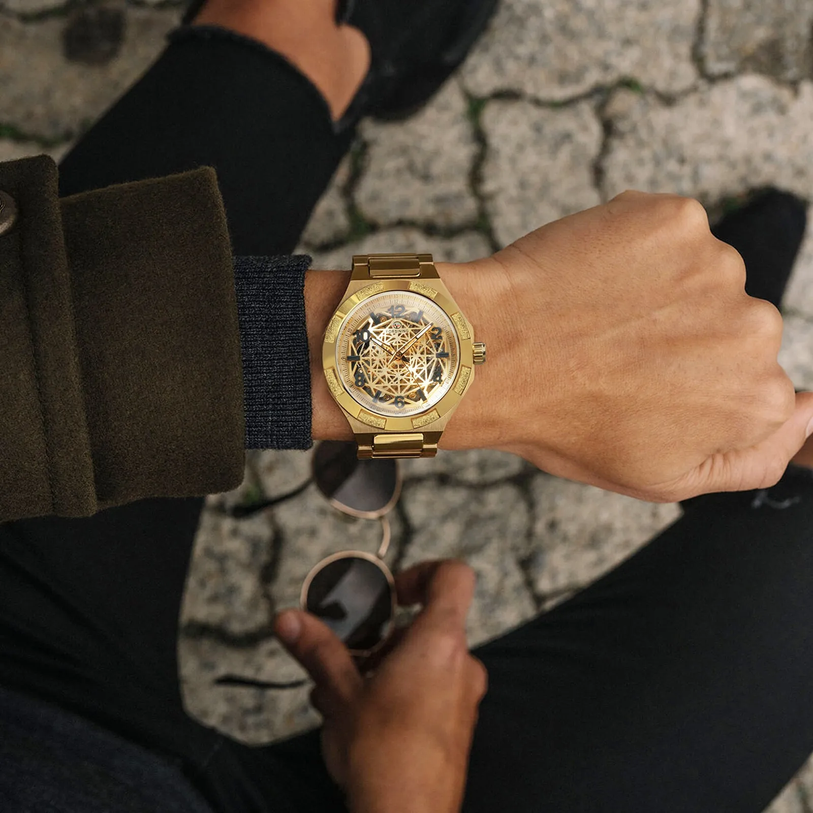 Forsining Luxury Irregular Gold Skeleton Automatic Mechanical Mens Watch TM 344G Stainless Steel Strap Luminous Hands