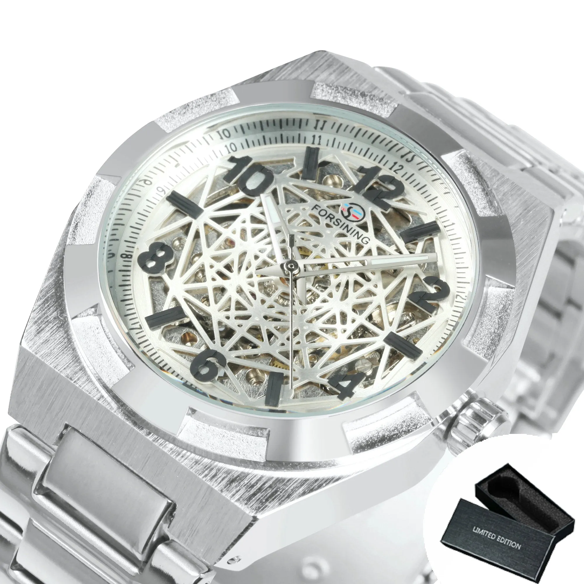 Forsining Luxury Irregular Gold Skeleton Automatic Mechanical Mens Watch TM 344G Stainless Steel Strap Luminous Hands