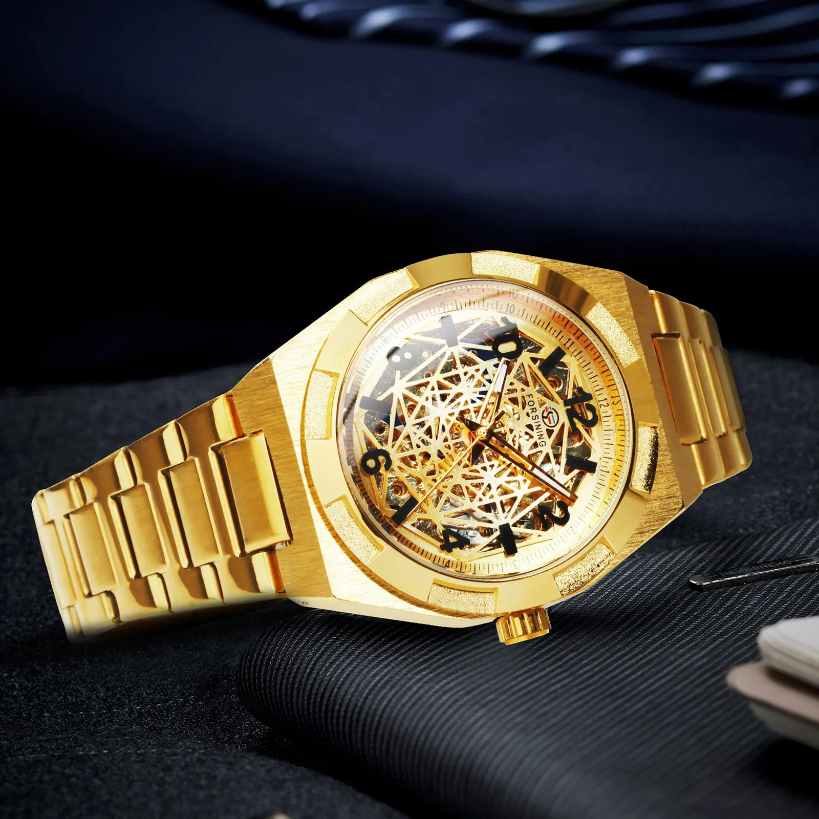 Forsining Luxury Irregular Gold Skeleton Automatic Mechanical Mens Watch TM 344G Stainless Steel Strap Luminous Hands