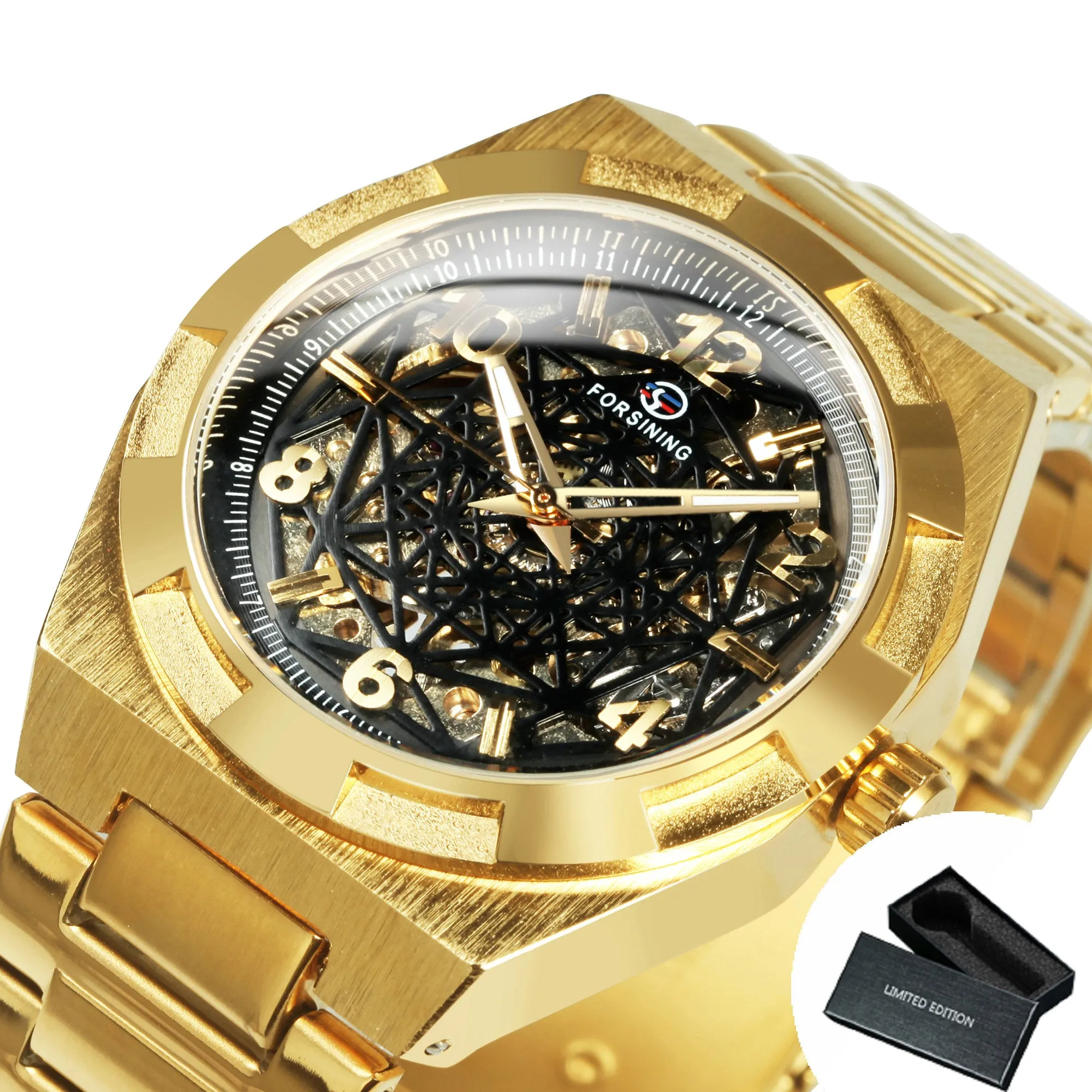 Forsining Luxury Irregular Gold Skeleton Automatic Mechanical Mens Watch TM 344G Stainless Steel Strap Luminous Hands