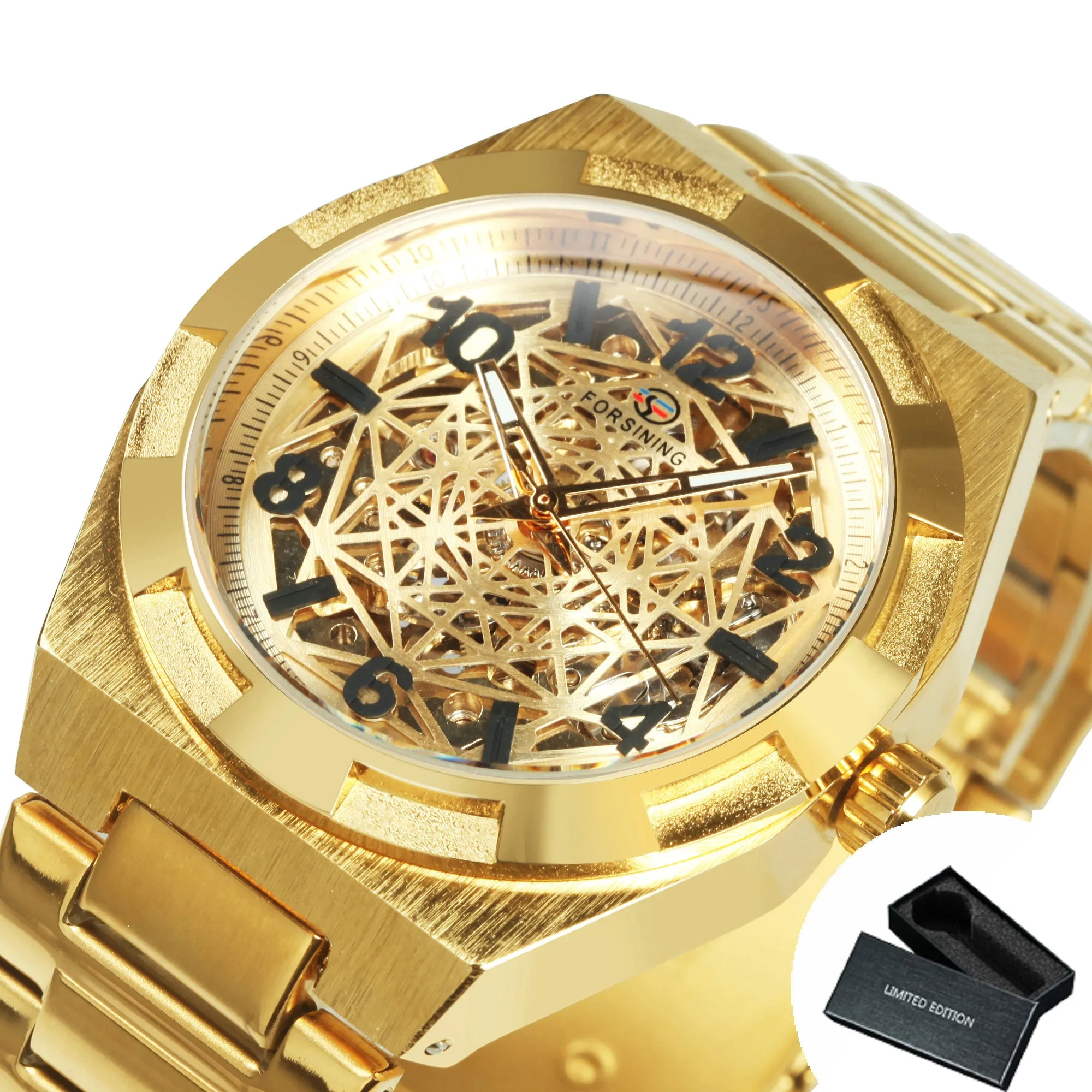 Forsining Luxury Irregular Gold Skeleton Automatic Mechanical Mens Watch TM 344G Stainless Steel Strap Luminous Hands