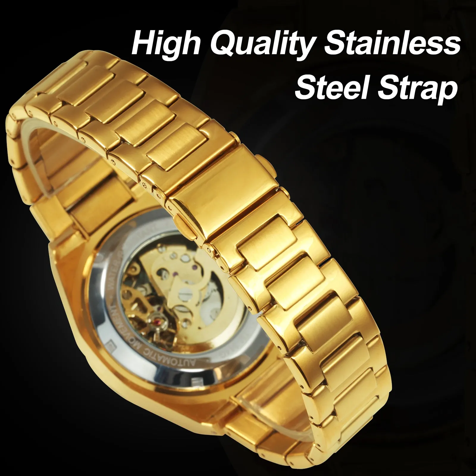 Forsining Luxury Irregular Gold Skeleton Automatic Mechanical Mens Watch TM 344G Stainless Steel Strap Luminous Hands