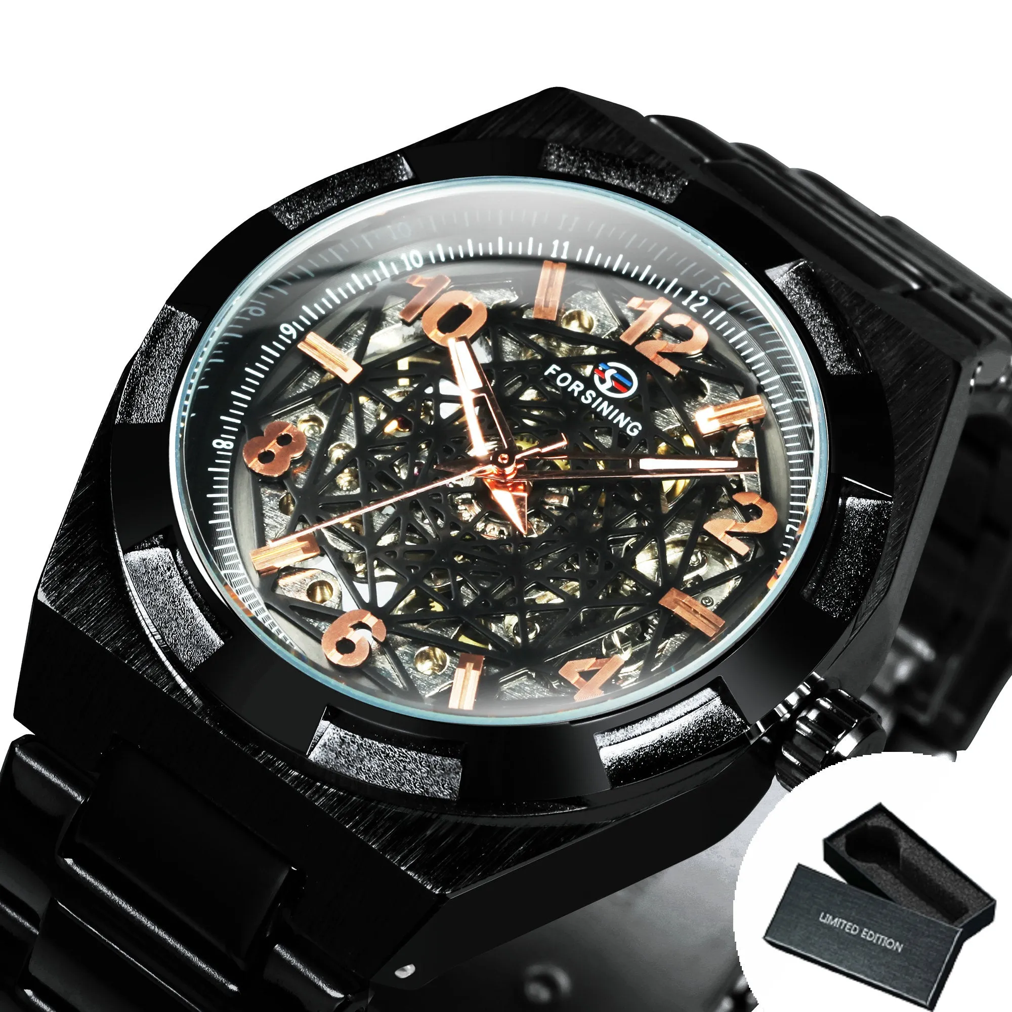 Forsining Luxury Irregular Gold Skeleton Automatic Mechanical Mens Watch TM 344G Stainless Steel Strap Luminous Hands