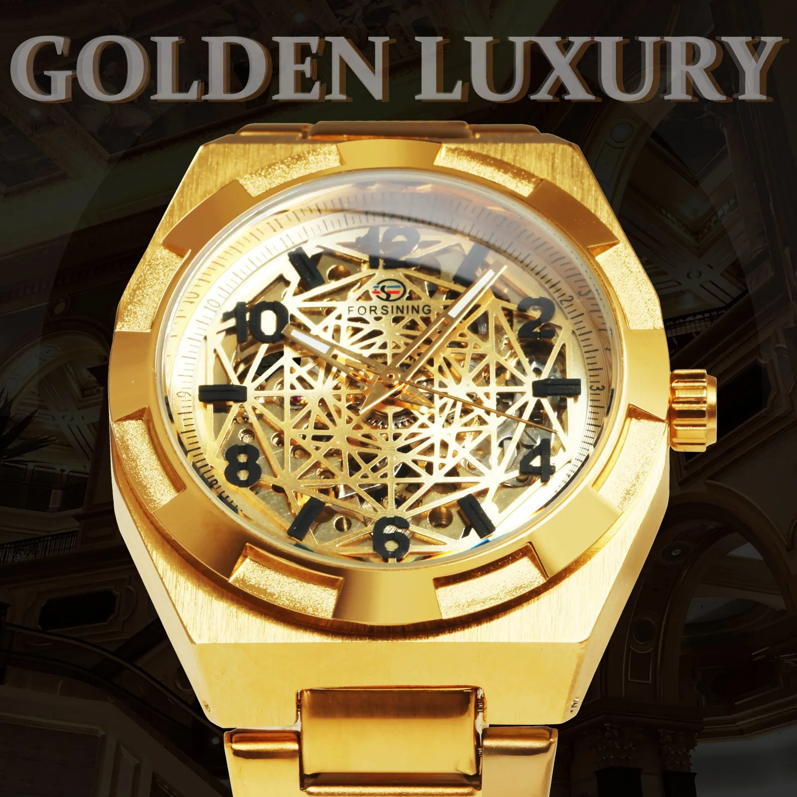 Forsining Luxury Irregular Gold Skeleton Automatic Mechanical Mens Watch TM 344G Stainless Steel Strap Luminous Hands