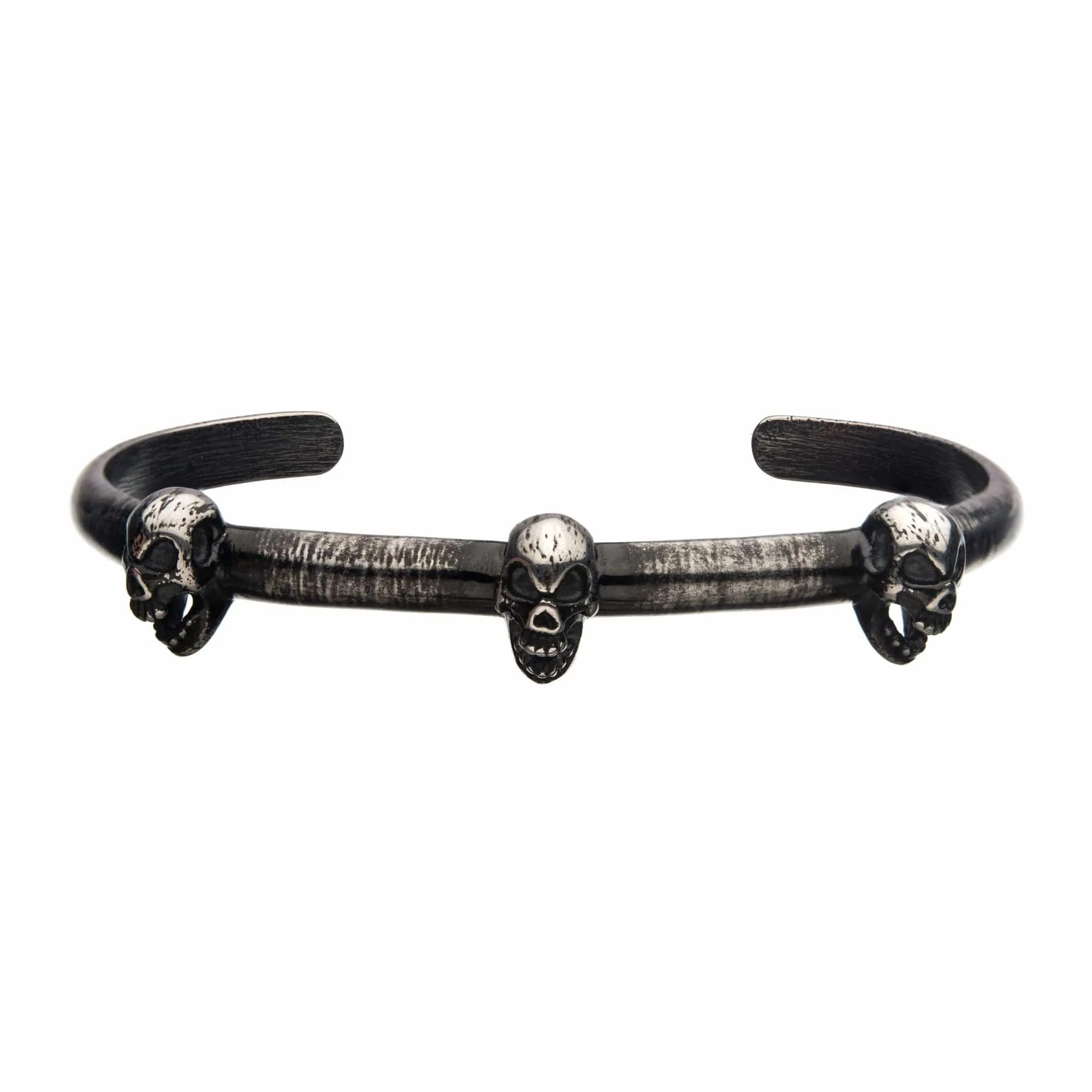 Gunmetal Silver Tone Stainless Steel Antique Finish Skull Bangle Cuff