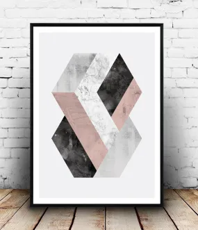 Hexagon print, geometric abstract print, pink and gray