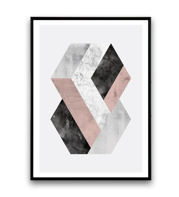 Hexagon print, geometric abstract print, pink and gray