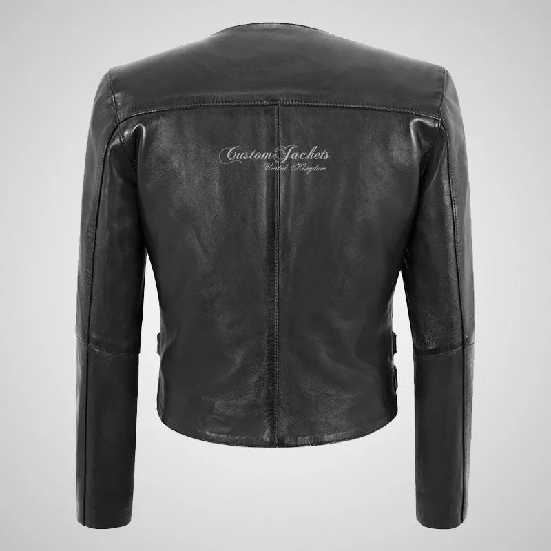 KIMBER Ladies Collarless Leather Jacket Short Fitted Black