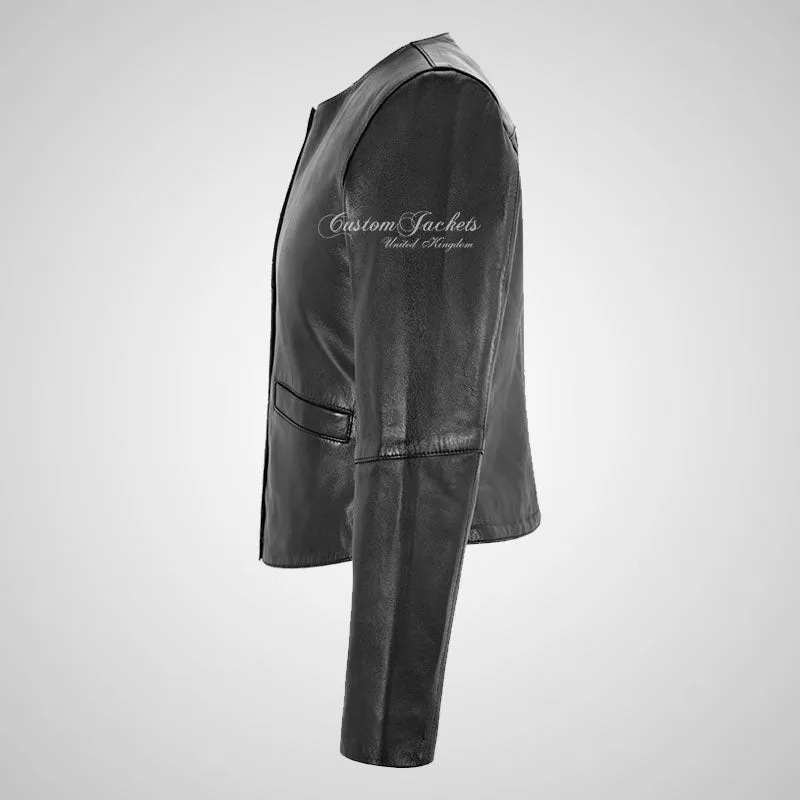 KIMBER Ladies Collarless Leather Jacket Short Fitted Black