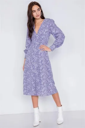 Lavender White Modern Floral Mid Center Slit Chic Midi Dress  /4-2-1