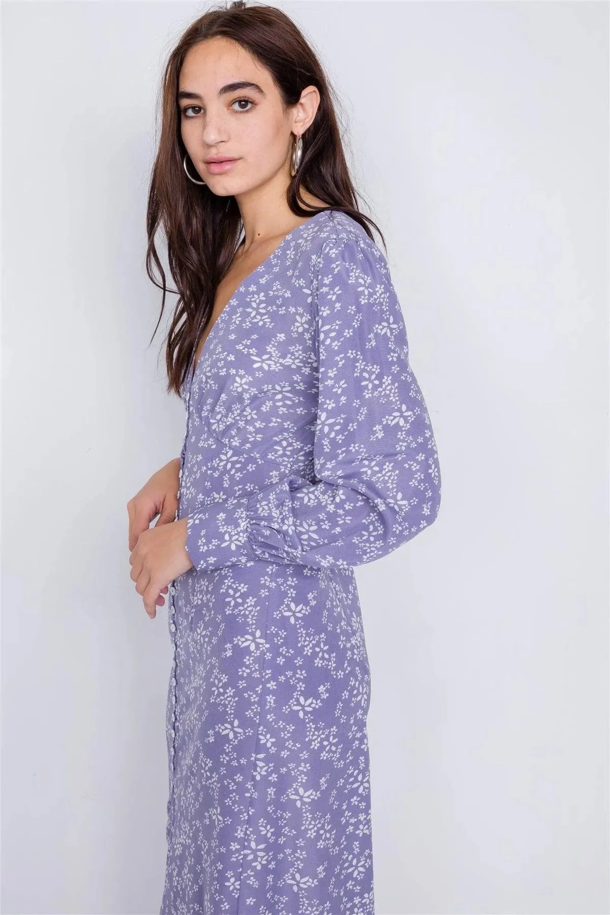 Lavender White Modern Floral Mid Center Slit Chic Midi Dress  /4-2-1