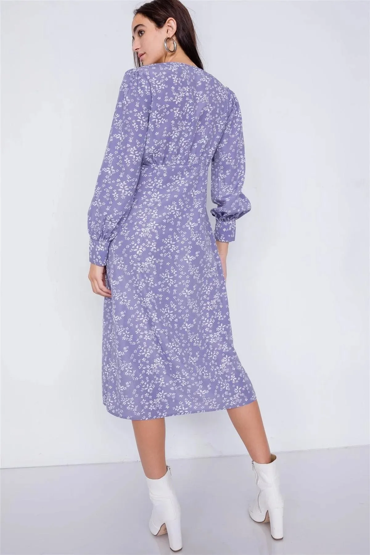 Lavender White Modern Floral Mid Center Slit Chic Midi Dress  /4-2-1