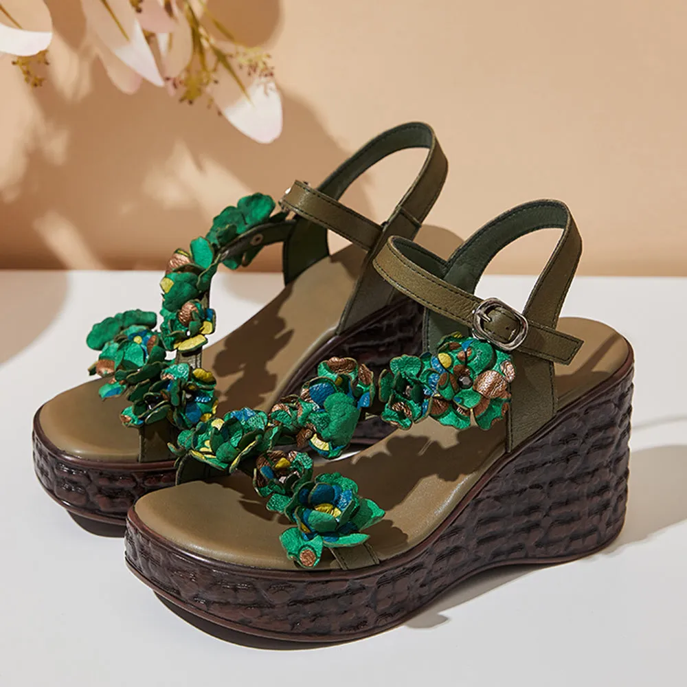 Leather High Heels Flower Platform Wedge Sandals